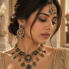 Rangrez Navratna Necklace, Maang Tikka & Earrings Set