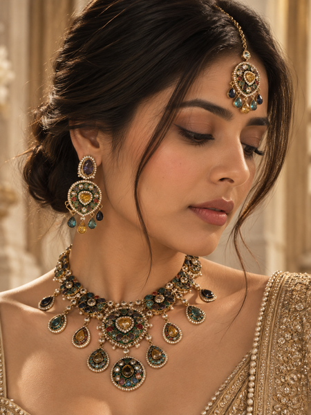 Rangrez Navratna Necklace, Maang Tikka & Earrings Set