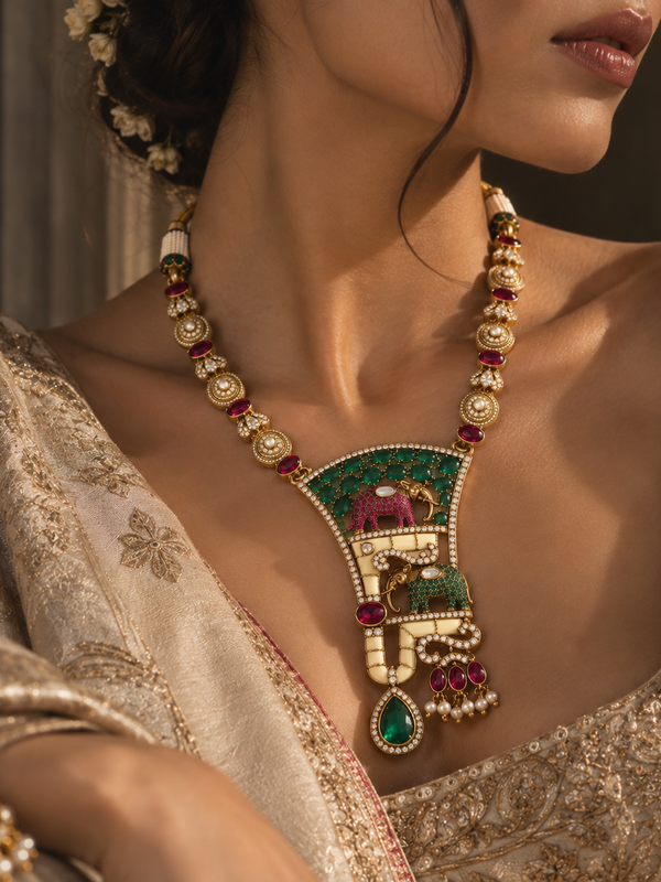 Gajraaj Emerald & Ruby Elephant Necklace Set