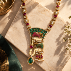 Gajraaj Emerald & Ruby Elephant Necklace Set