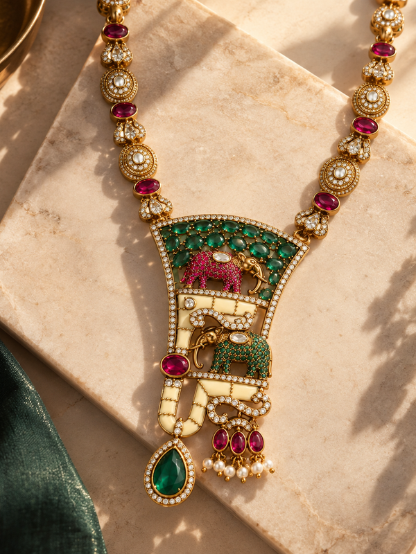 Gajraaj Emerald & Ruby Elephant Necklace Set