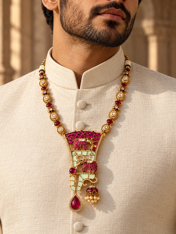 Gajraj Darbar Ruby & Mint Kundan Men's Statement Necklace