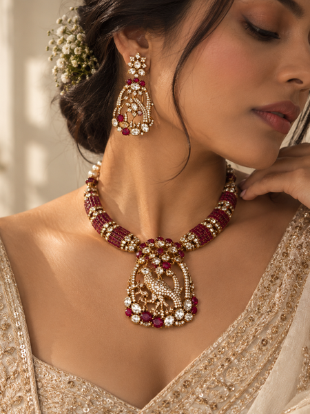 Mayurika Ruby Polki Necklace & Earrings Set