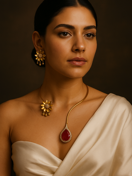 Golden Bloom & Ruby Drop Necklace Set