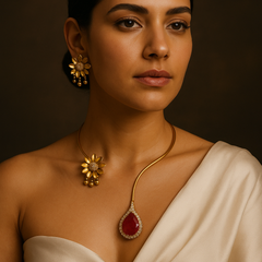 Golden Bloom & Ruby Drop Necklace Set
