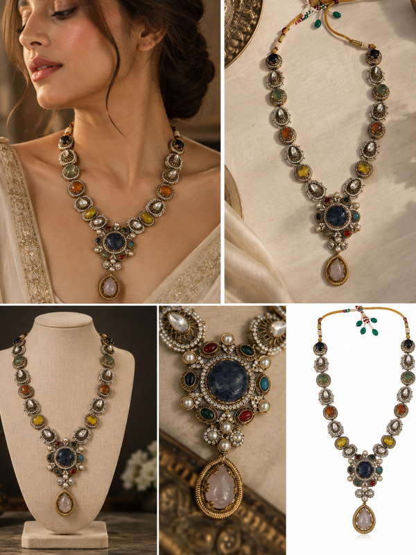 Nayab Navratna Necklace & Earrings Set