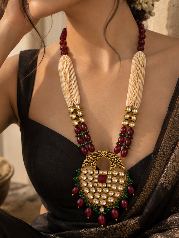 Meher Ruby & Emerald Polki Mala Necklace Set