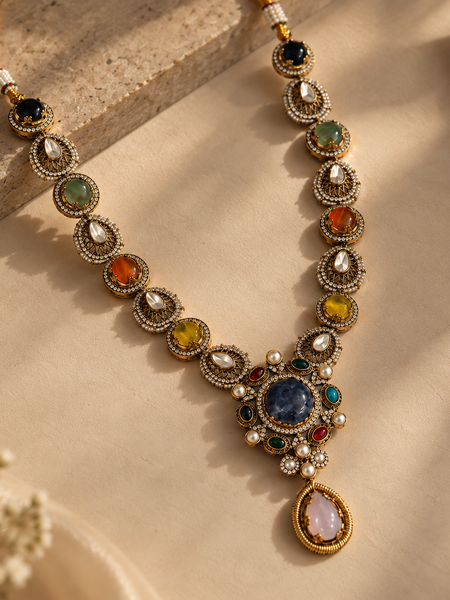 Nayab Navratna Necklace & Earrings Set