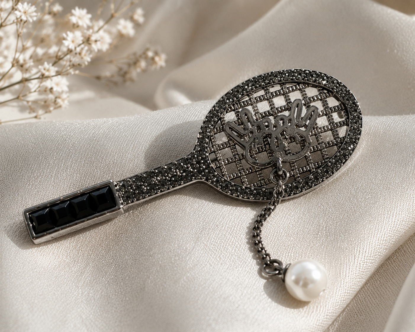 Noir Racket Pearl Brooch
