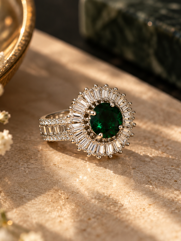 Zoya Emerald Halo Statement Ring