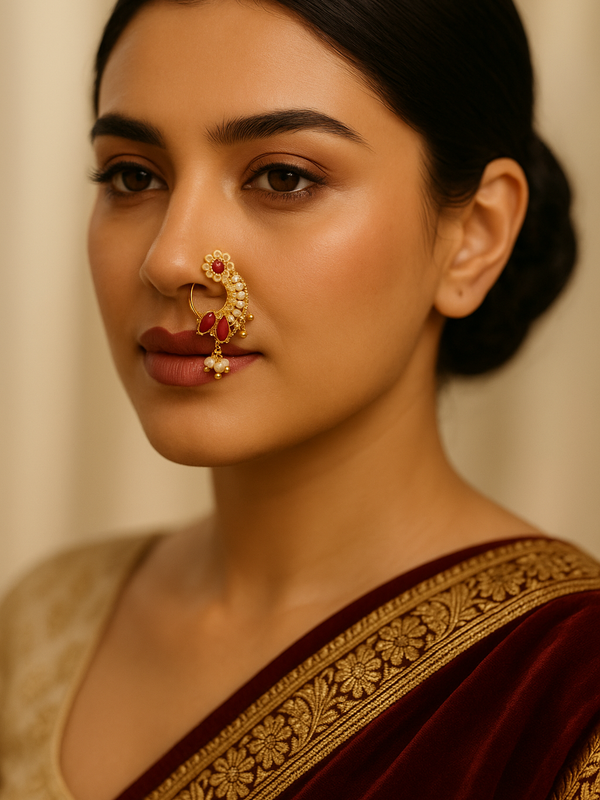 Floral Ruby & Pearl Maharashtrian Nath