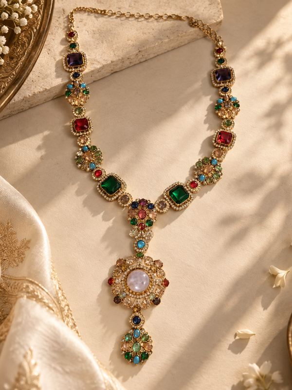 Mehr Navratna Long Necklace & Earrings Set