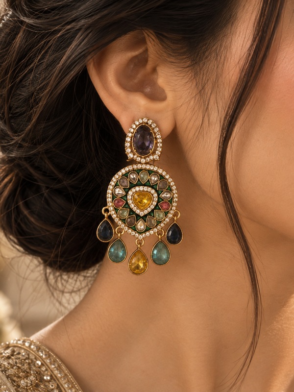 Rangrez Navratna Necklace, Maang Tikka & Earrings Set