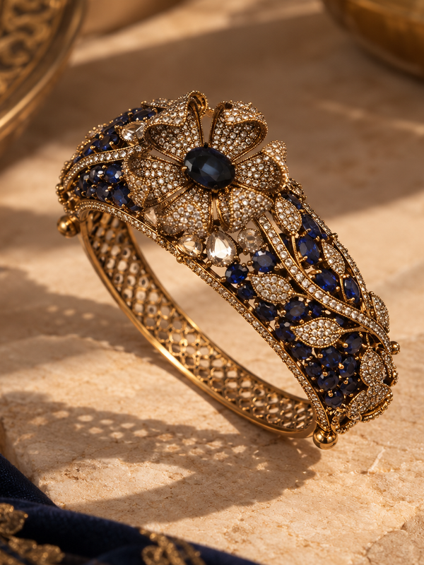 Neelambari Sapphire & Polki Gold-Plated Floral Kada