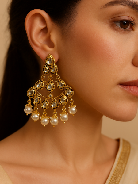 Noor Kundan & Pearl Chandbali Earrings
