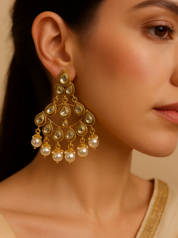 Noor Kundan & Pearl Chandbali Earrings