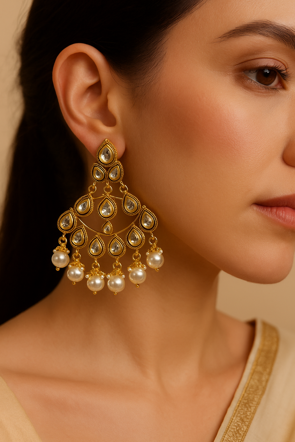 Noor Kundan & Pearl Chandbali Earrings