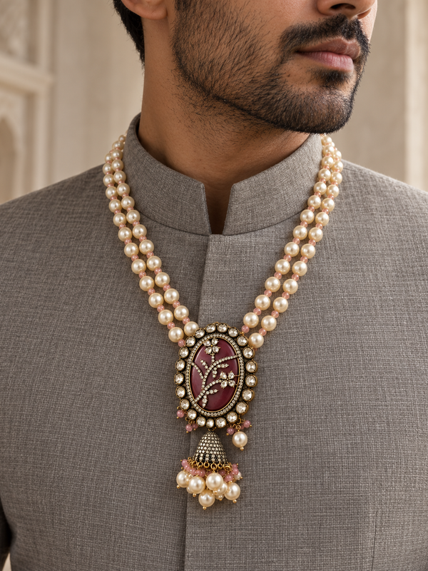 Gulbahar Pearl & Kundan Gold-Plated Men's Statement Necklace