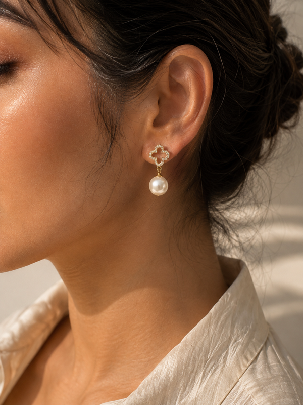 Mira Pearl Clover Drop Earrings