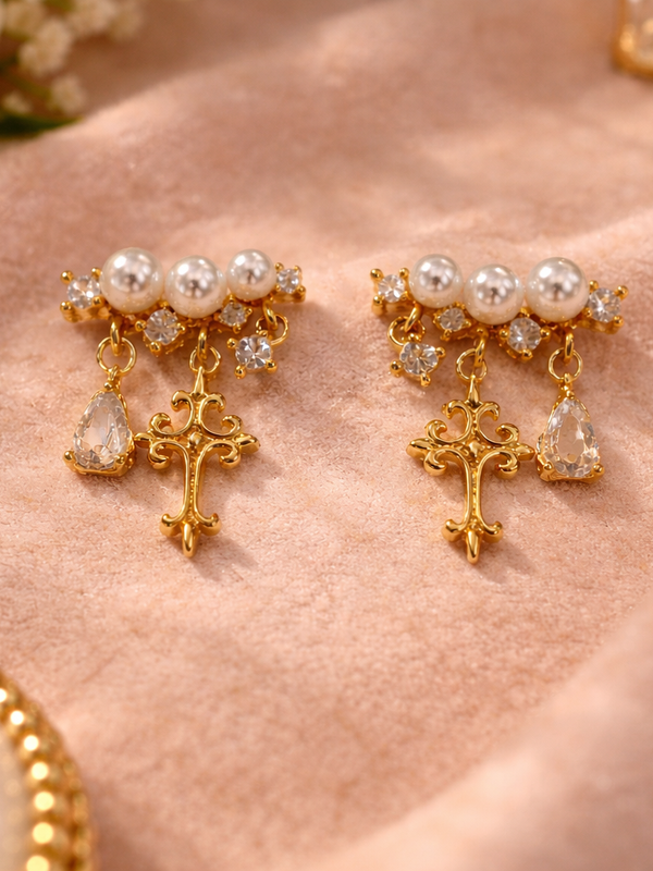 Divina Pearl Cross Drop Earrings