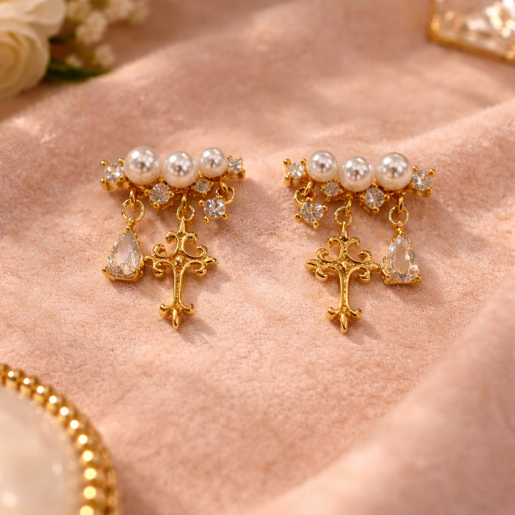 Divina Pearl Cross Drop Earrings