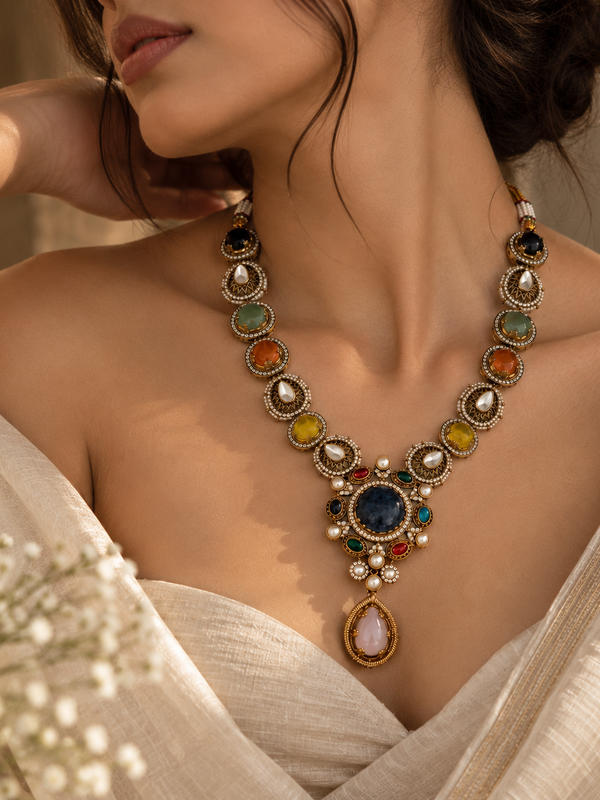Nayab Navratna Necklace & Earrings Set