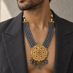 Mehrab Grey Kundan Gold-Plated Men's Statement Necklace