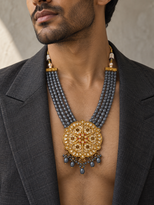 Mehrab Grey Kundan Gold-Plated Men's Statement Necklace