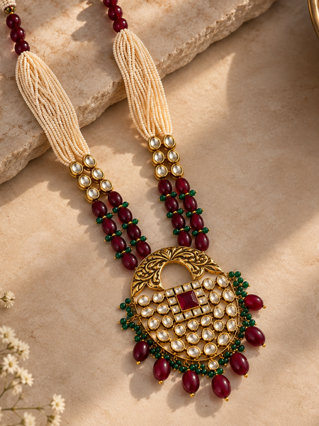 Meher Ruby & Emerald Polki Mala Necklace Set