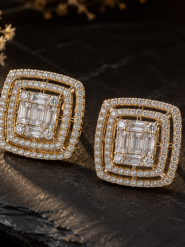 Regal Baguette Halo Stud Earrings