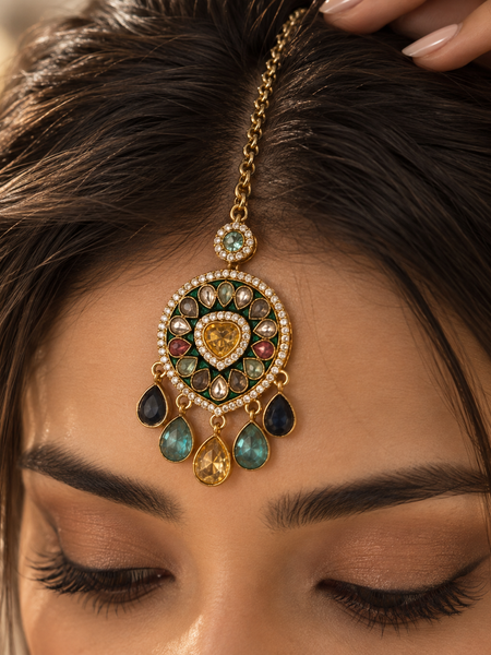 Rangrez Navratna Necklace, Maang Tikka & Earrings Set