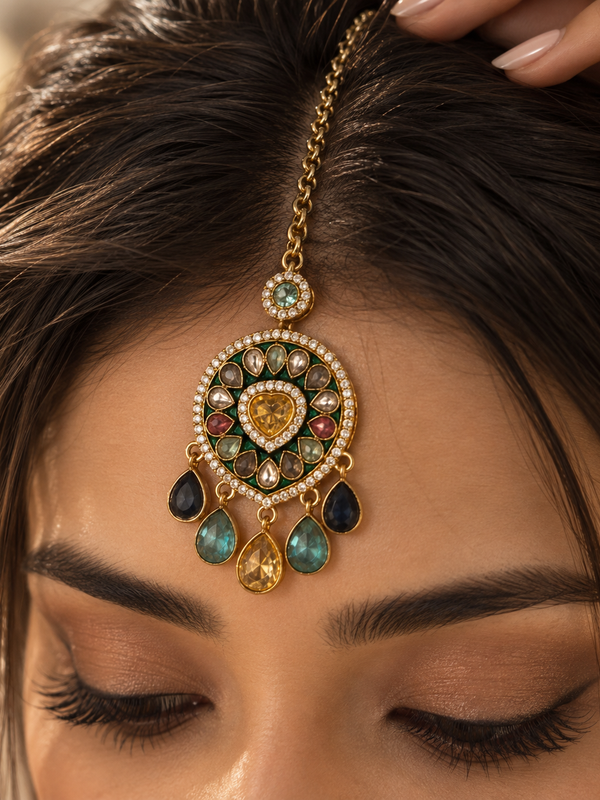 Rangrez Navratna Necklace, Maang Tikka & Earrings Set