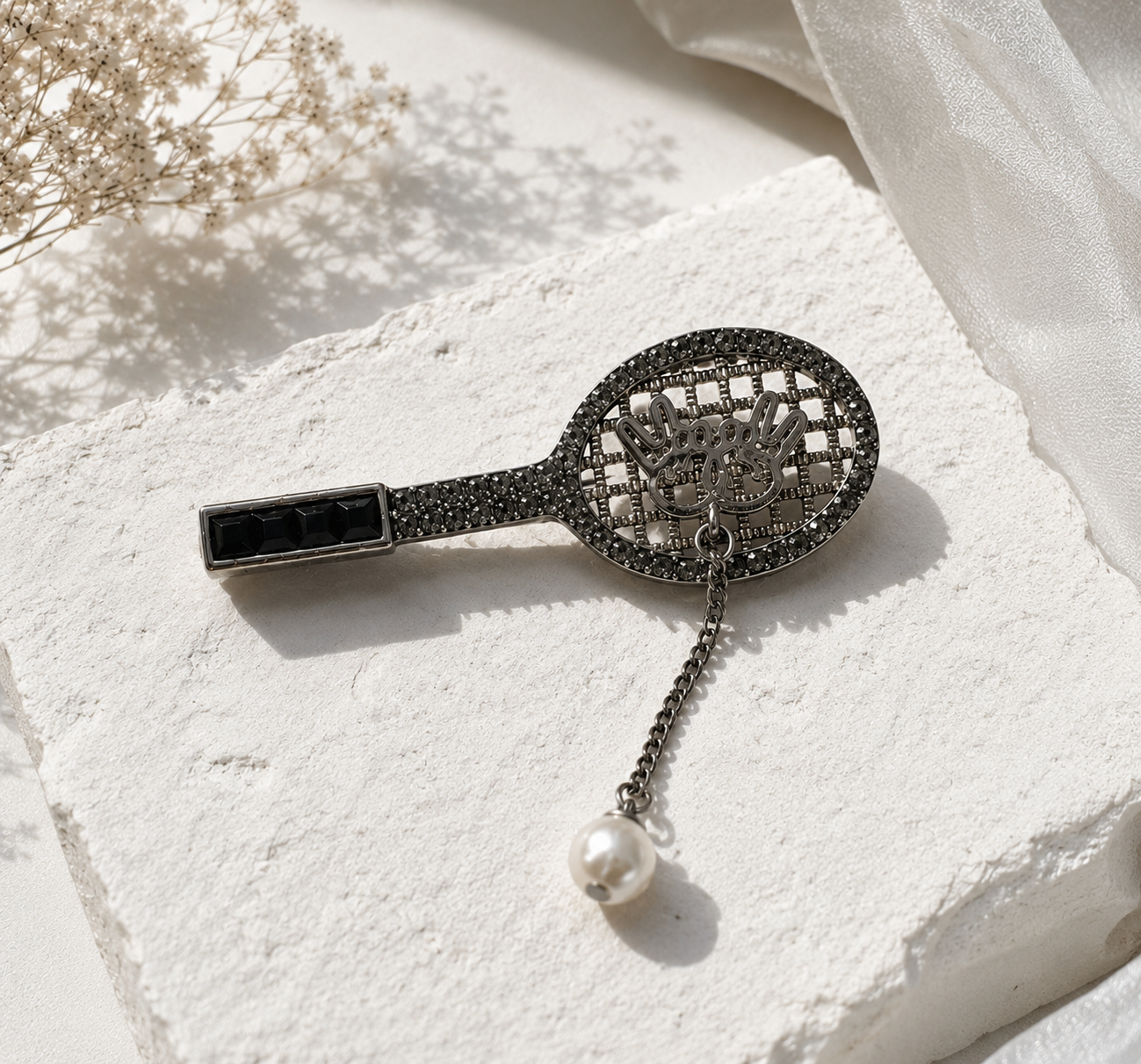 Noir Racket Pearl Brooch
