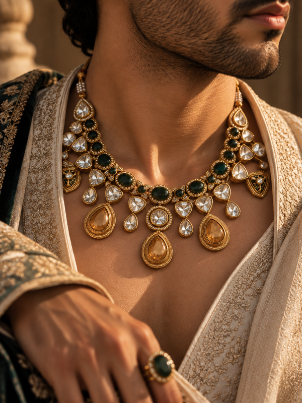 Zayaan Emerald Kundan Men’s Necklace
