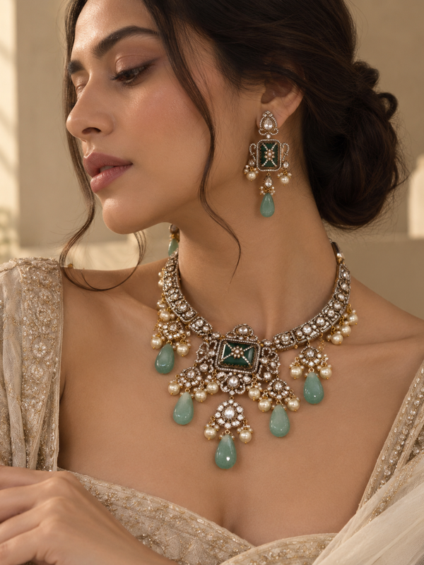 Zehra Mint Polki Statement Necklace Set