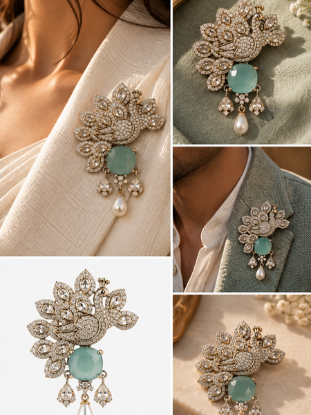 Meher Mint Peacock Brooch