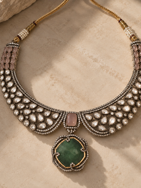 Zareen Emerald Polki Necklace & Earrings Set