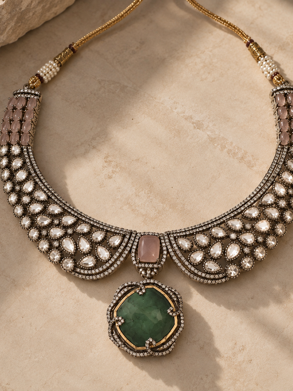 Zareen Emerald Polki Necklace & Earrings Set
