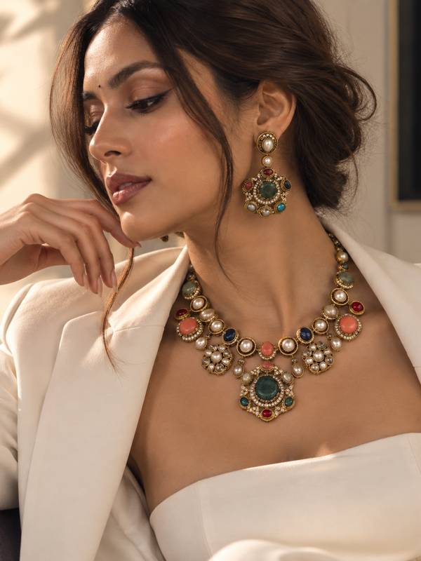 Ziya Navratna Necklace & Earrings Set