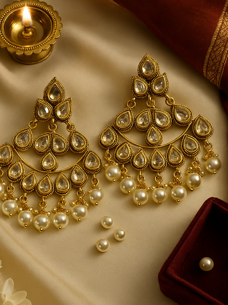 Noor Kundan & Pearl Chandbali Earrings