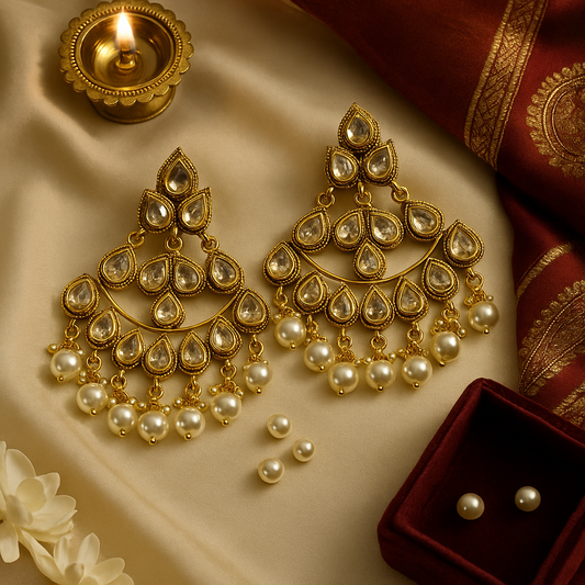 Noor Kundan & Pearl Chandbali Earrings