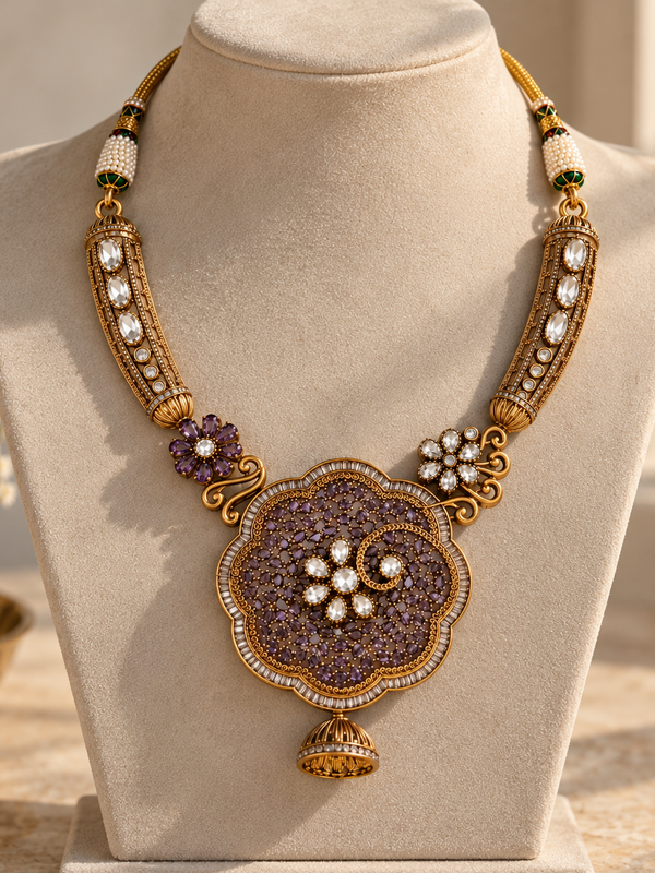 Meher Amethyst Floral Necklace & Jhumka Set