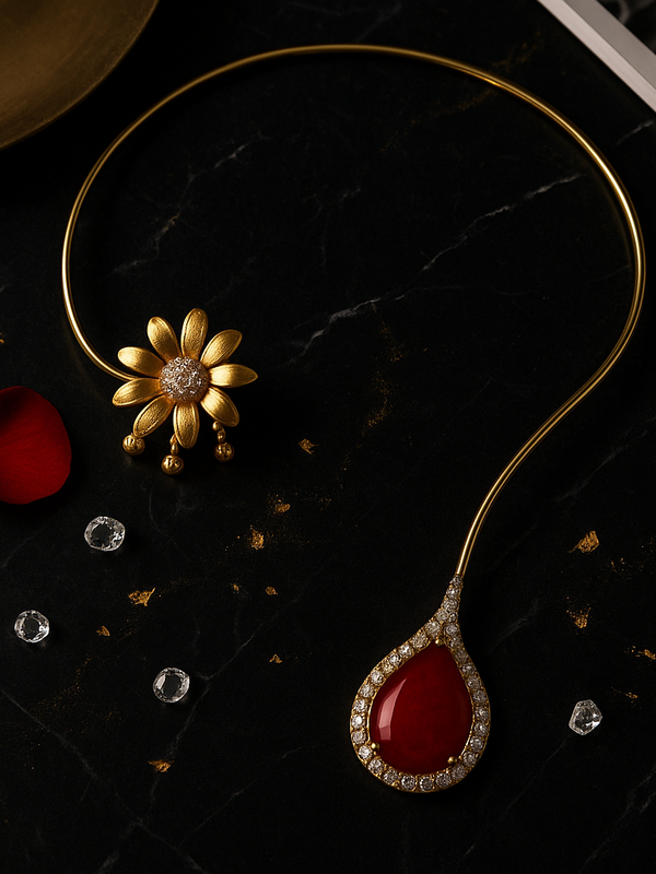 Golden Bloom & Ruby Drop Necklace Set