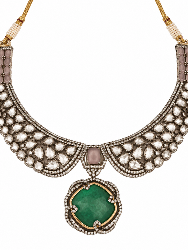 Zareen Emerald Polki Necklace & Earrings Set