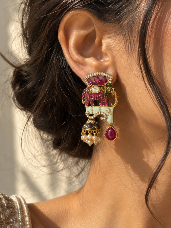 Gajraaj Emerald & Ruby Elephant Necklace Set