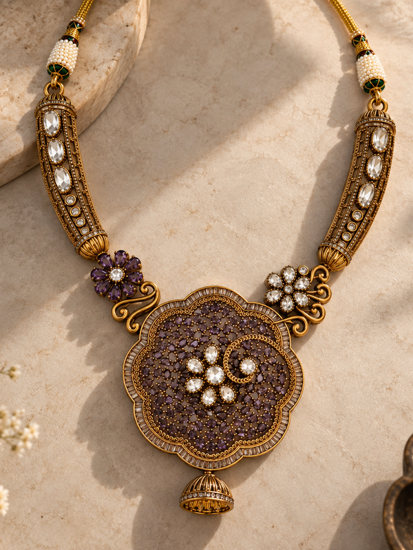 Meher Amethyst Floral Necklace & Jhumka Set