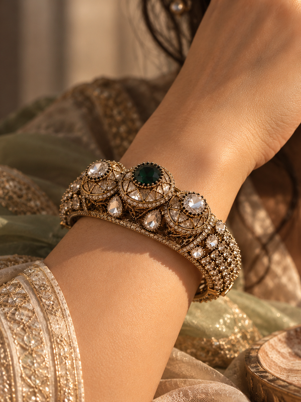 Mehr Emerald & Polki Gold-Plated Statement Kada
