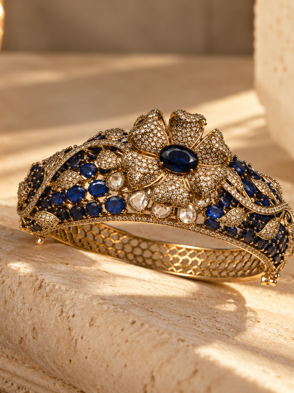 Neelambari Sapphire & Polki Gold-Plated Floral Kada