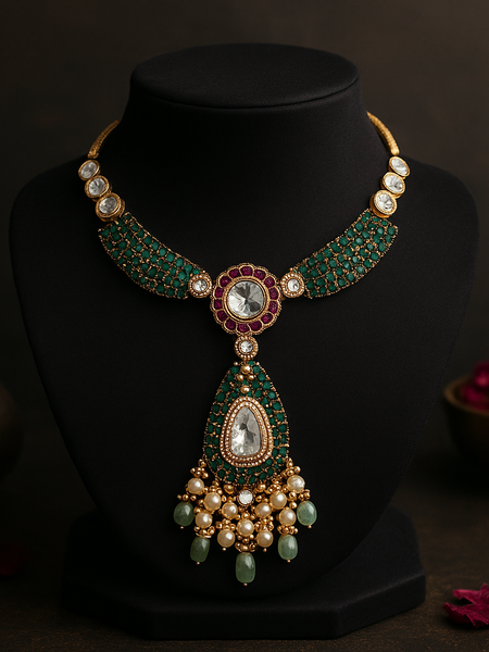 Emerald Kundan long pendant set
