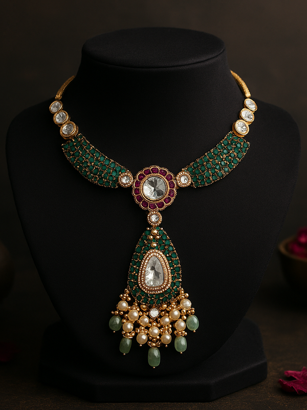 Emerald Kundan long pendant set